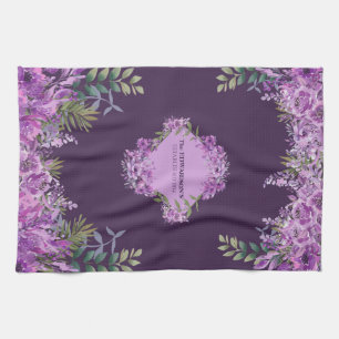 Elegant Personalized Purple and Aubergine Floral  Kitchen Towel