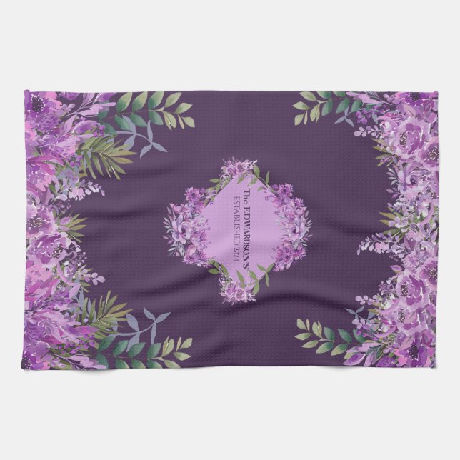 Elegant Personalized Purple and Aubergine Floral  Kitchen Towel (Horizontal)