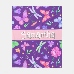 Elegant personalized purple butterfly dragonfly fleece blanket