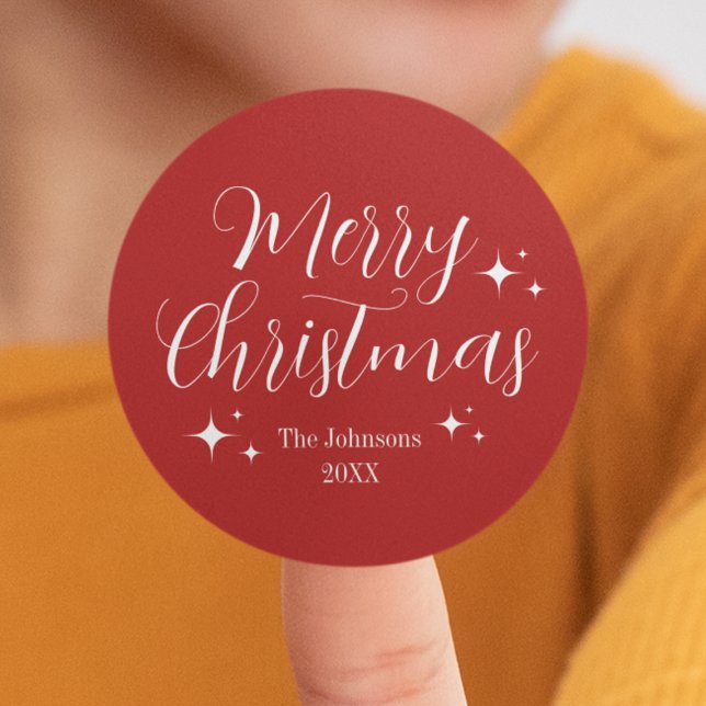 Elegant Personalized Red Merry Christmas Classic Round Sticker (Red Script Elegant Custom Merry Christmas Classic Round Sticker
)