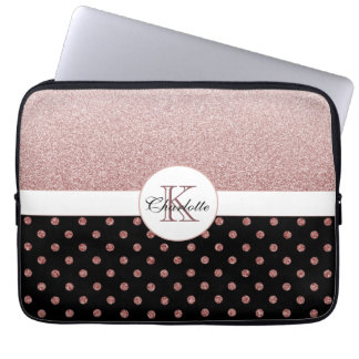Elegant Personalized Rose Gold Glitter Monogram Laptop Sleeve