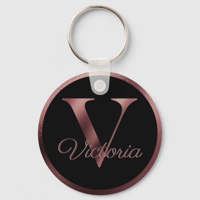 Elegant Personalized Rose Gold Monogram Letter V Keychain (Front)