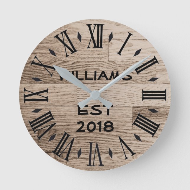 Elegant Personalized Rustic Light Wood Round Clock (Front)