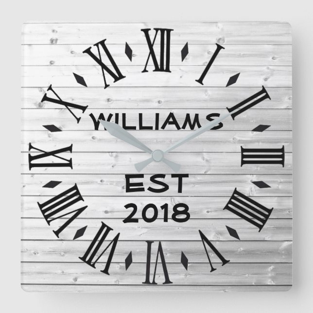 Elegant Personalized Rustic White Wood Square Wall Clock (Front)