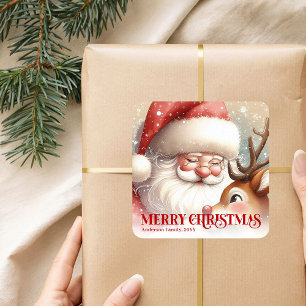 Elegant Personalized Santa Rudolph Holiday Kids   Square Sticker
