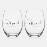 Elegant Personalized Script Couple Name Wedding Stemless Wine Glass<br><div class="desc">An elegant pair of wedding wine glasses personalize with your names in a modern script with your wedding date. Create a set for 2,  or buy in multiples for your wedding reception,  or rehearsal dinner,  bridal shower,  bachelorette party,  or bachelor party.</div>