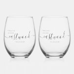 Elegant Personalized Script Couple Name Wedding Stemless Wine Glass<br><div class="desc">An elegant pair of wedding wine glasses personalize with your names in a modern script with your wedding date. Create a set for 2, or buy in multiples for your wedding reception, or rehearsal dinner, bridal shower, bachelorette party, or bachelor party.</div>