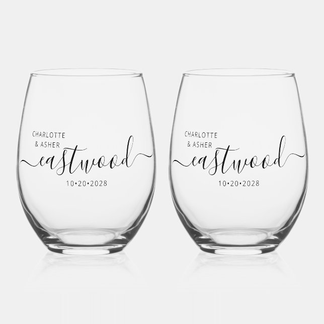 Elegant Personalized Script Couple Name Wedding Stemless Wine Glass (Front)