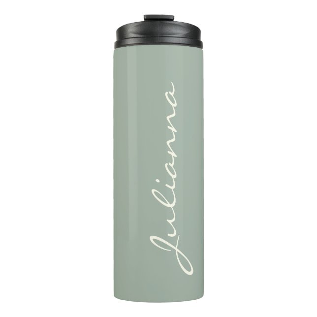 Elegant Personalized Script Name Sage Green Travel Thermal Tumbler (Front)