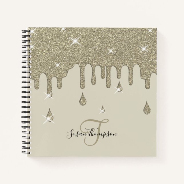 Elegant Personalized Silver Drip Glitter Effect Notebook (Front)
