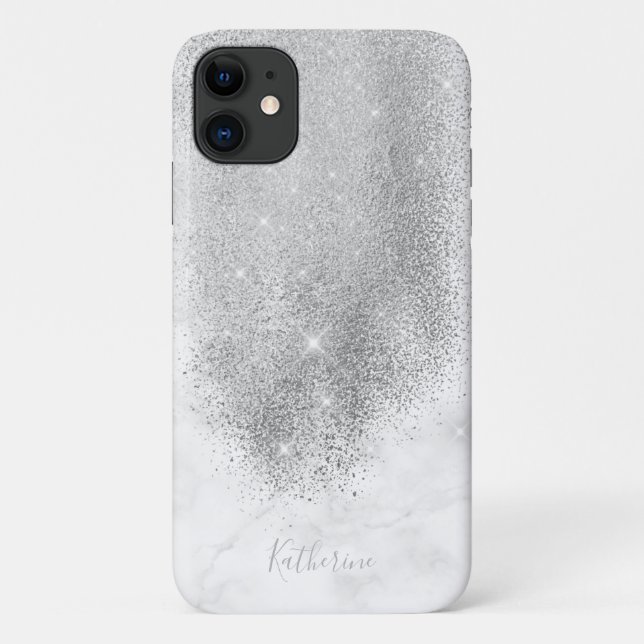 Elegant personalized silver glitter white marble Case-Mate iPhone case (Back)