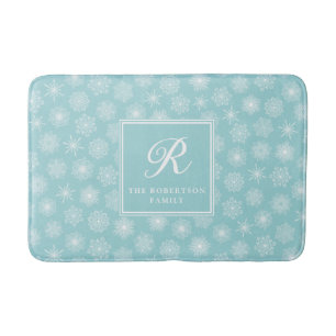 Elegant Personalized Teal Blue Snowflakes Coastal Bath Mat