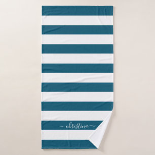 Elegant Personalized Teal Blue White Stripes Bath Towel