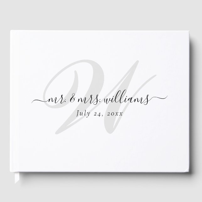Elegant Personalized White Black Monogram Wedding  Guest Book (Front)