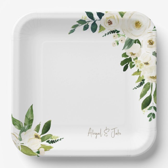 Elegant Personalized White Floral Wedding Paper Plate (Front)