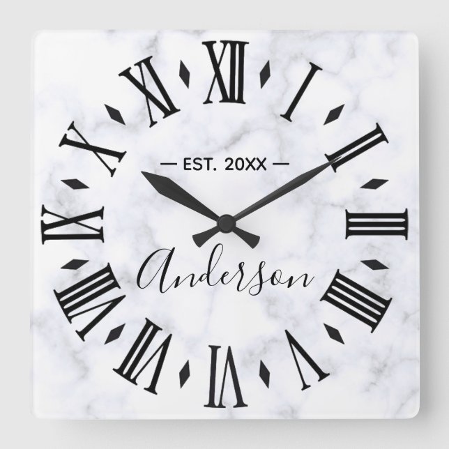 Elegant Personalized White Marble Square Wall Clock (Front)