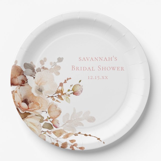 Elegant Petals and Prosecco Floral Bridal Shower Paper Plate (Front)