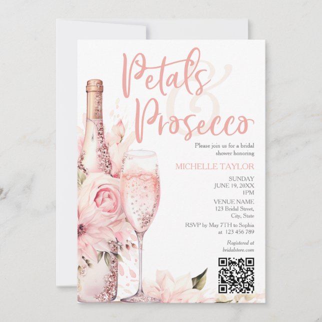 Elegant Petals & Prosecco Boho Blush Pink QR Code Invitation (Front)