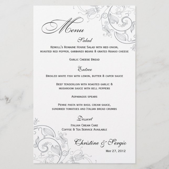 Elegant Pewter Floral Wedding Menu (Front)