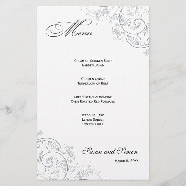 Elegant Pewter Floral Wedding Menu (Front)