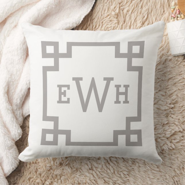 Elegant Pewter Grey Greek Key Monogram Initial Throw Pillow (Blanket)