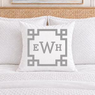 Elegant Pewter Grey Greek Key Monogram Initial Throw Pillow