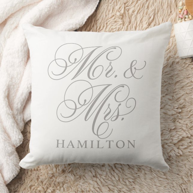 Elegant Pewter Grey Mr and Mrs Script Wedding Throw Pillow (Blanket)