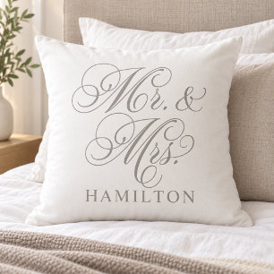 Elegant Pewter Grey Mr and Mrs Script Wedding Throw Pillow