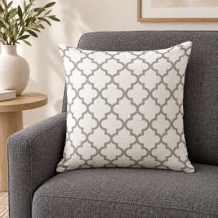 Elegant Pewter Grey White Quatrefoil Trellis Throw Pillow