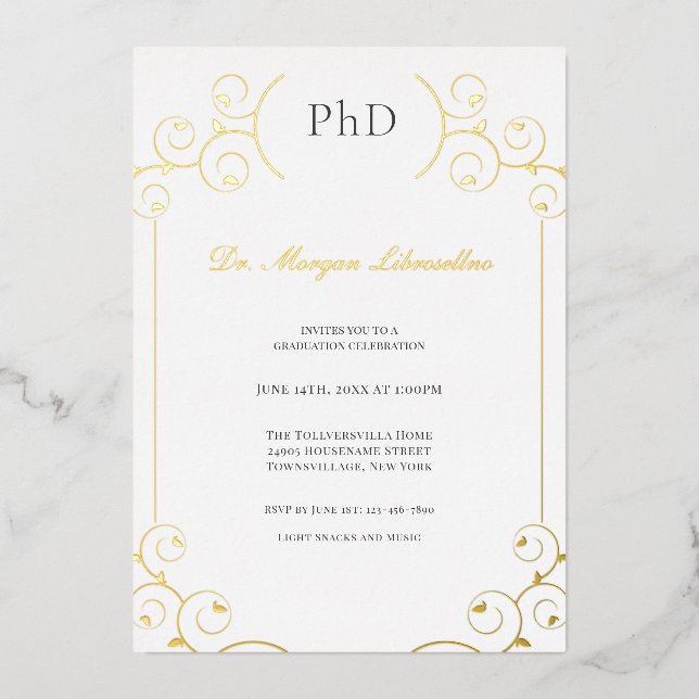 Elegant PhD Gold Grey White Graduation Party Foil  (Front)