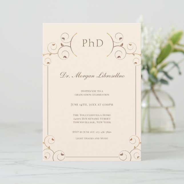 Elegant PhD Gold Tan Graduation Invitation (Standing Front)