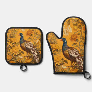 Elegant Pheasant William Morris Inspired Oven Mitt & Pot Holder Set