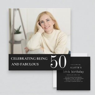 Elegant Photo 50th Birthday Black White Invitation