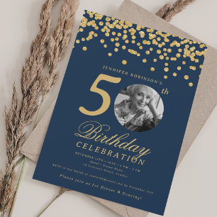 Elegant Photo 50th Birthday Gold Confetti Navy Blu Invitation