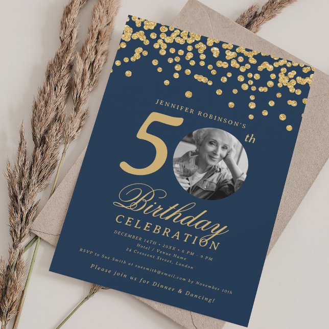 Elegant Photo 50th Birthday Gold Confetti Navy Blu Invitation (Elegant Photo 50th Birthday Gold Confetti Navy Blu Invitation)