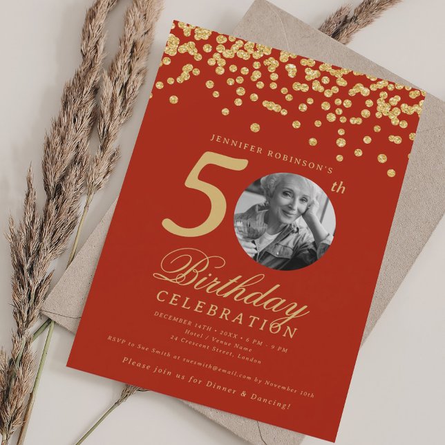Elegant Photo 50th Birthday Gold Confetti Red  Invitation (Elegant Photo 50th Birthday Gold Confetti Red Invitation)