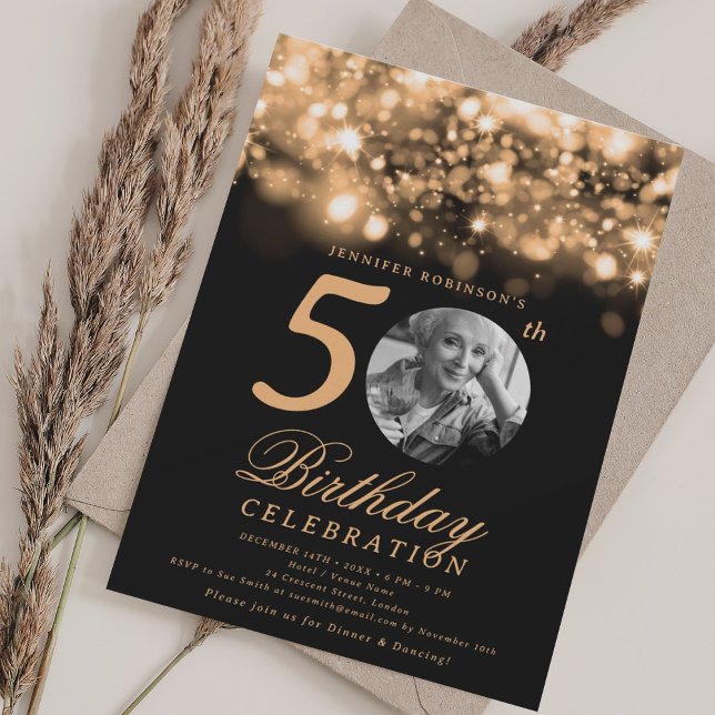 Elegant Photo 50th Birthday Gold Midnight Glam  Invitation (Elegant Photo 50th Birthday Gold Midnight Glam Invitation)