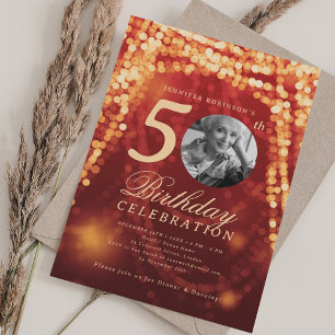 Elegant Photo 50th Birthday Gold Red Glam Lights Invitation