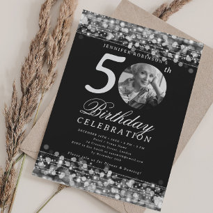 Elegant Photo 50th Birthday Party Silver Lights Invitation