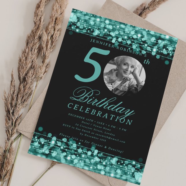 Elegant Photo 50th Birthday Party Teal Lights Invitation (Elegant Photo 50th Birthday Party Teal Lights Invitation)