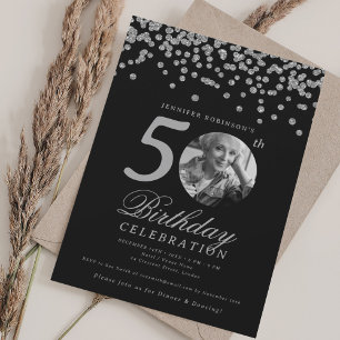 Elegant Photo 50th Birthday Silver Confetti Black Invitation