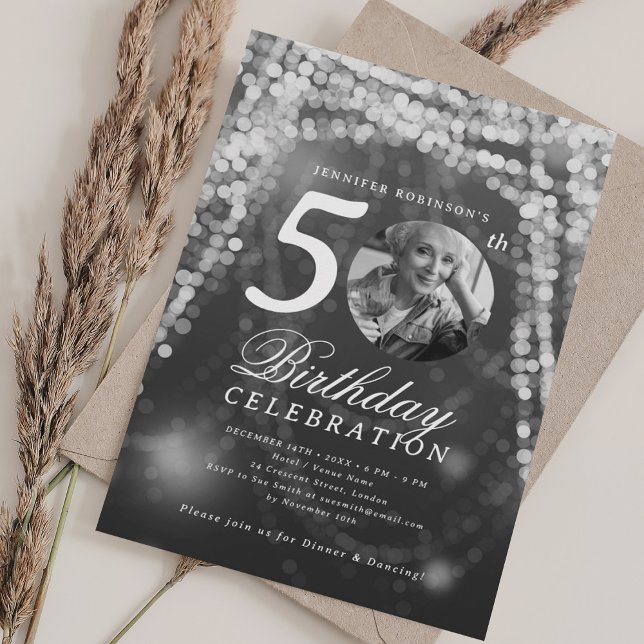 Elegant Photo 50th Birthday Silver Glam Lights Invitation (Elegant Photo 50th Birthday Silver Glam Lights Invitation)