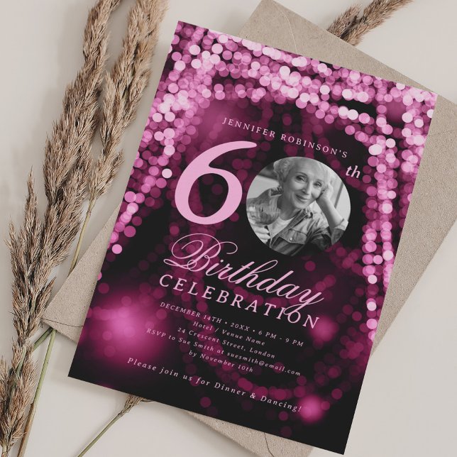 Elegant Photo 60th Birthday Blush Pink Glam Lights Invitation (Elegant Photo 60th Birthday Blush Pink Glam Lights Invitation)