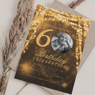 Elegant Photo 60th Birthday Gold Glam Lights Invitation