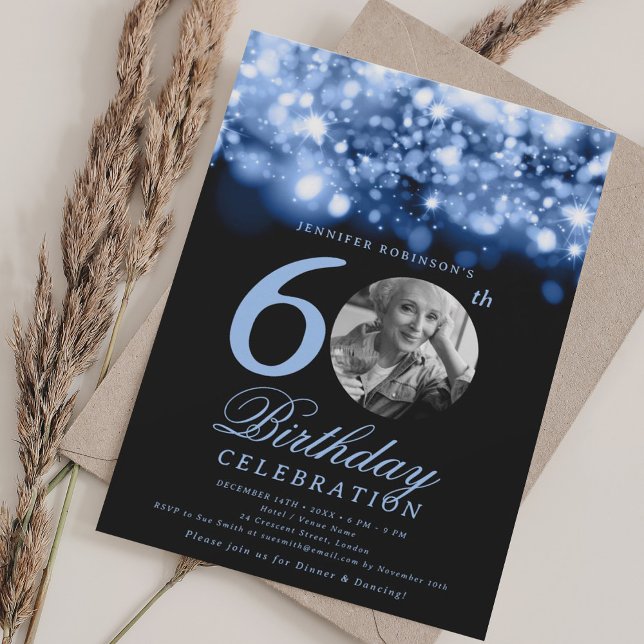 Elegant Photo 60th Birthday Navy Midnight Glam  Invitation (Elegant Photo 60th Birthday Navy Midnight Glam Invitation)