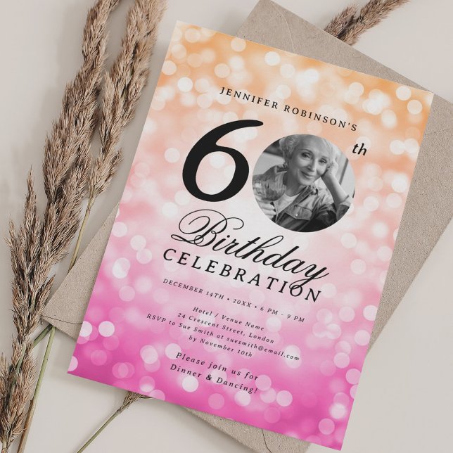 Elegant Photo 60th Birthday Party Pink OrangeBokeh Invitation (Creator Uploaded)