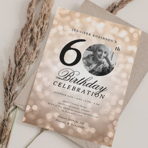 Elegant Photo 60th Birthday Party Rose Gold Bokeh Invitation