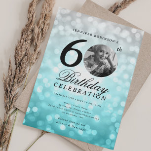 Elegant Photo 60th Birthday Party Silver TealBokeh Invitation