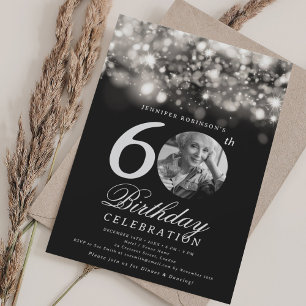 Elegant Photo 60th Birthday Silver Midnight Glam Invitation