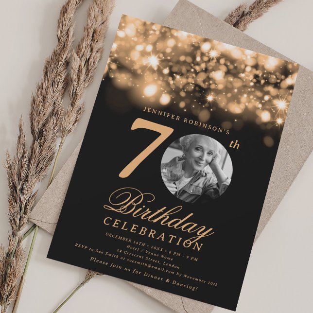 Elegant Photo 70th Birthday Gold Midnight Glam  Invitation (Elegant Photo 70th Birthday Gold Midnight Glam Invitation)